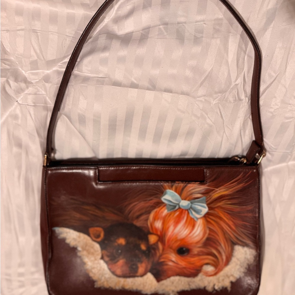 Adrienne Vittadini Brown Shoulder Bag with Hand Painted Yorkies (Mama & Baby)